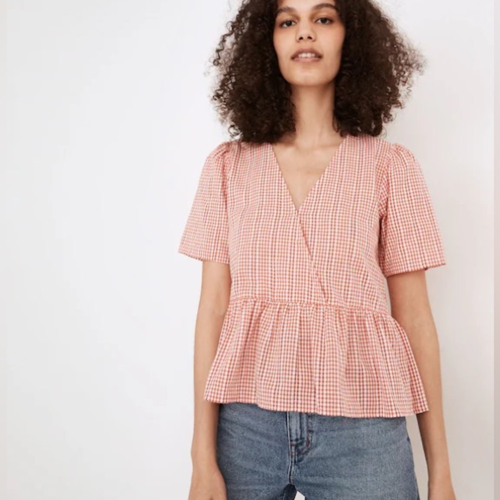 Madewell Pink Gingham Peplum Short-Sleeve Top
